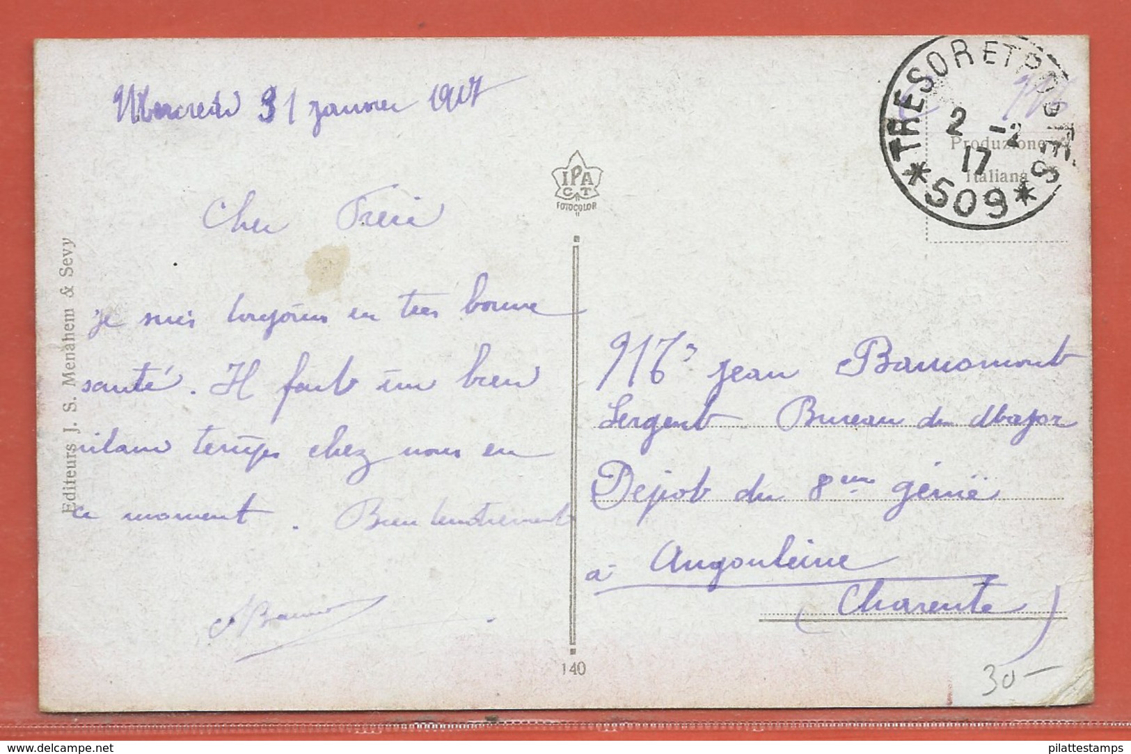 GRECE CARTE POSTALE EN FRANCHISE DE 1917 POUR ANGOULEME FRANCE - Briefe U. Dokumente