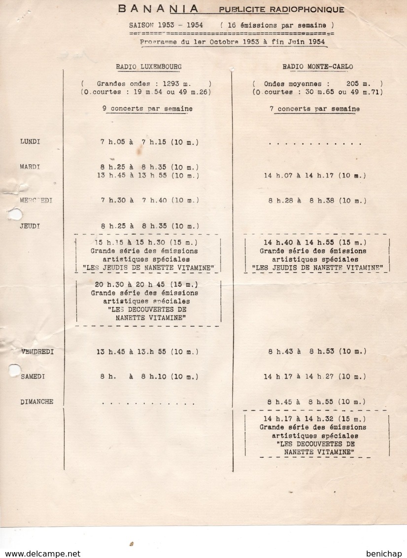 BANANIA - Publicite Radiophonique - Saison 1953 - 1954 - Radio Luxembourg - Radio Monte-Carlo - - Alimentaire