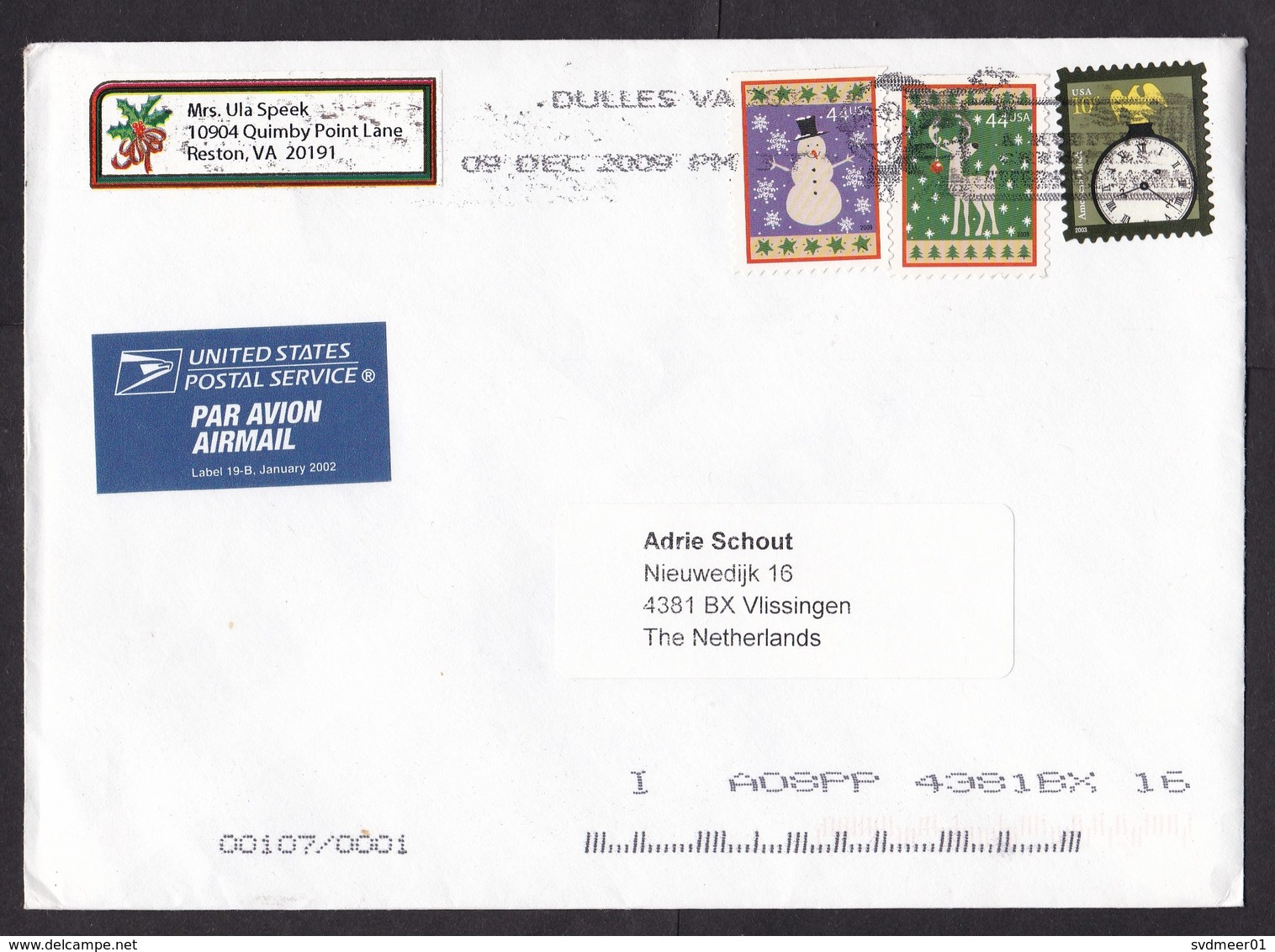 USA: Airmail Cover Dulles To Netherlands, 2009, 3 Stamps, Clock, Christmas, Deer, Snowman, Air Label (traces Of Use) - Covers & Documents