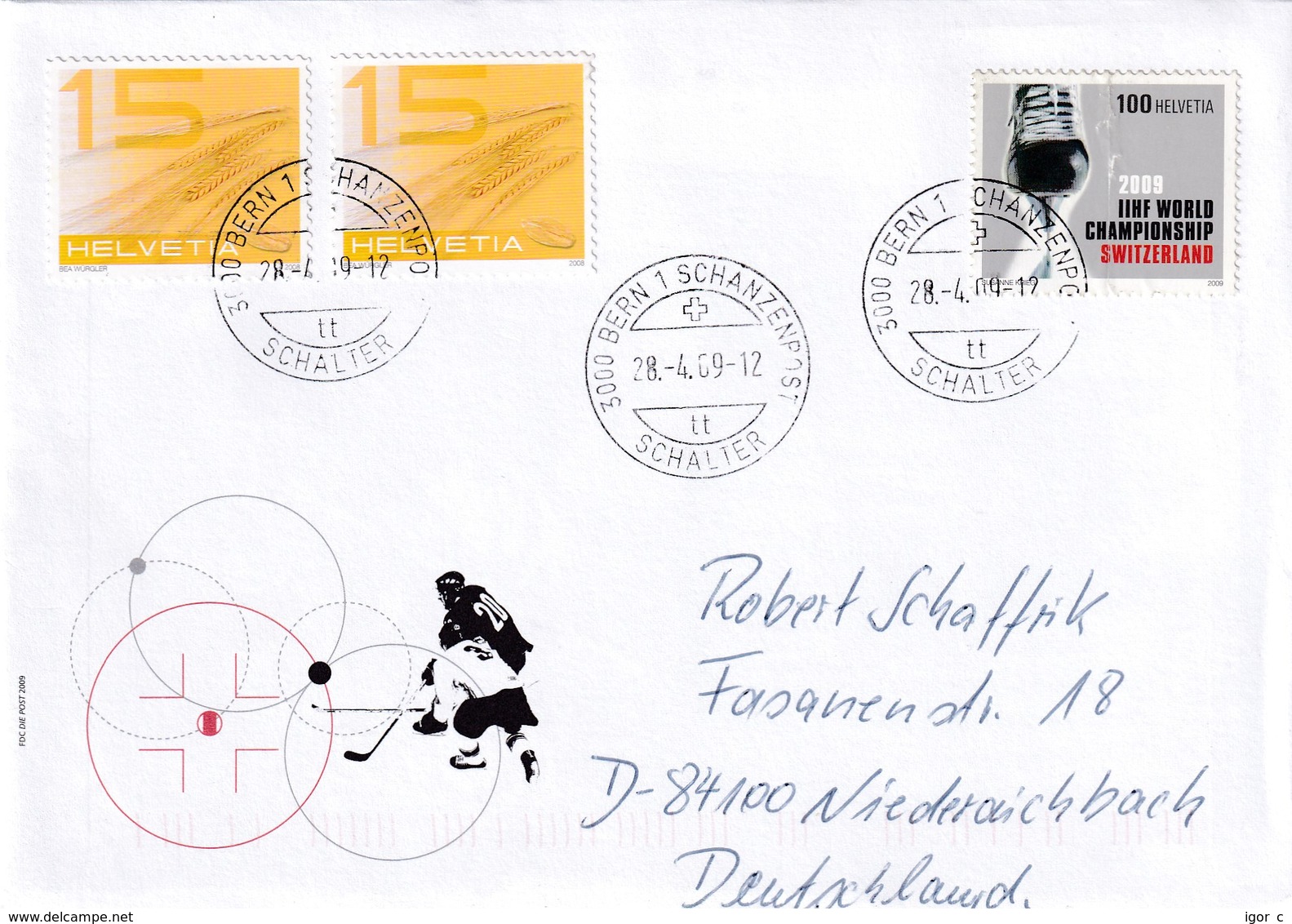 Switzerland 2009 Cover To Germany: Ice Hockey Sur Glace Eishockey: IIHF World Championship; Skate - Jockey (sobre Hielo)