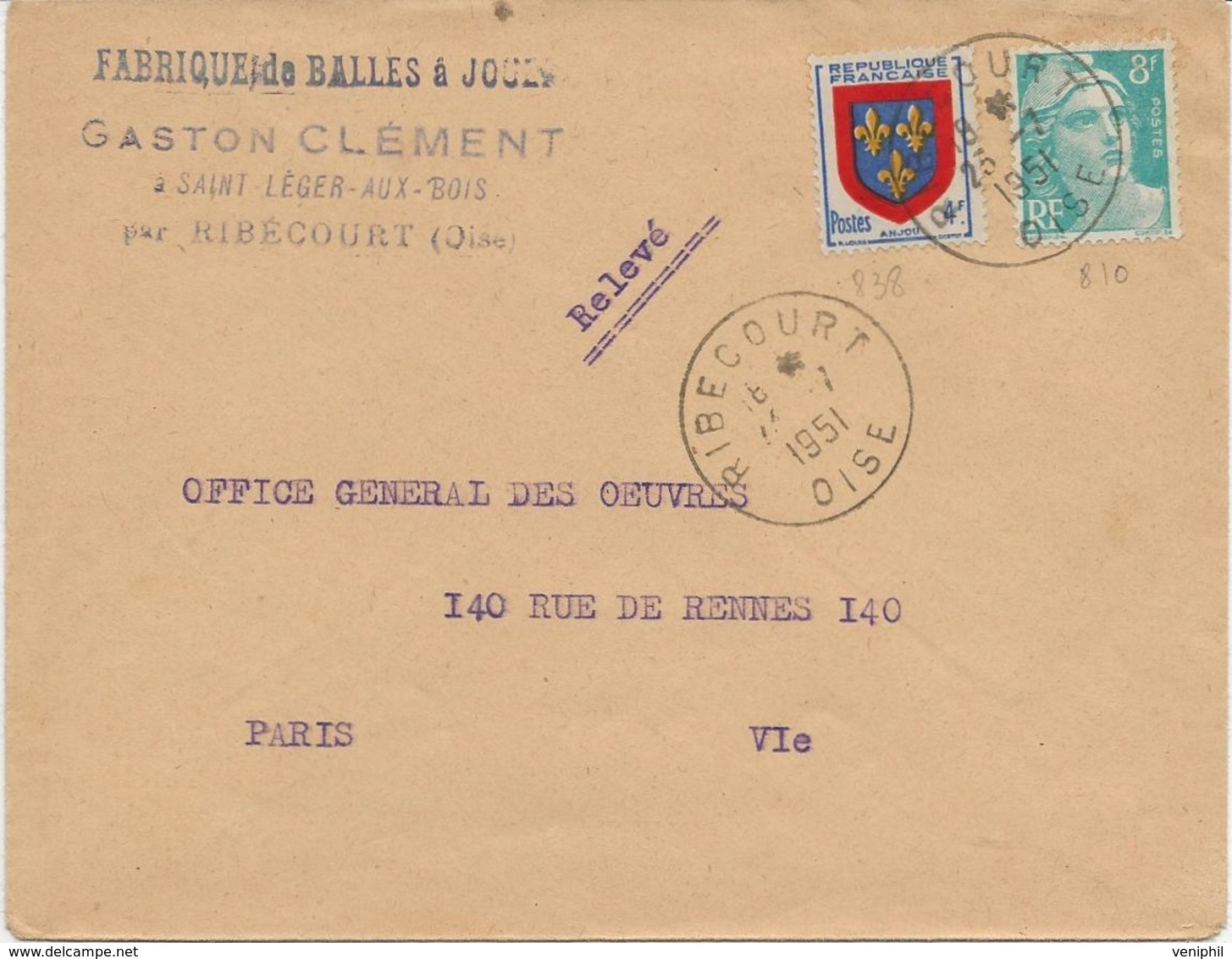 LETTRE AFFRANCHIE N°810 + N° 838 -OBLITERE CAD RIBECOURT -OISE -1951 - 1921-1960: Modern Tijdperk