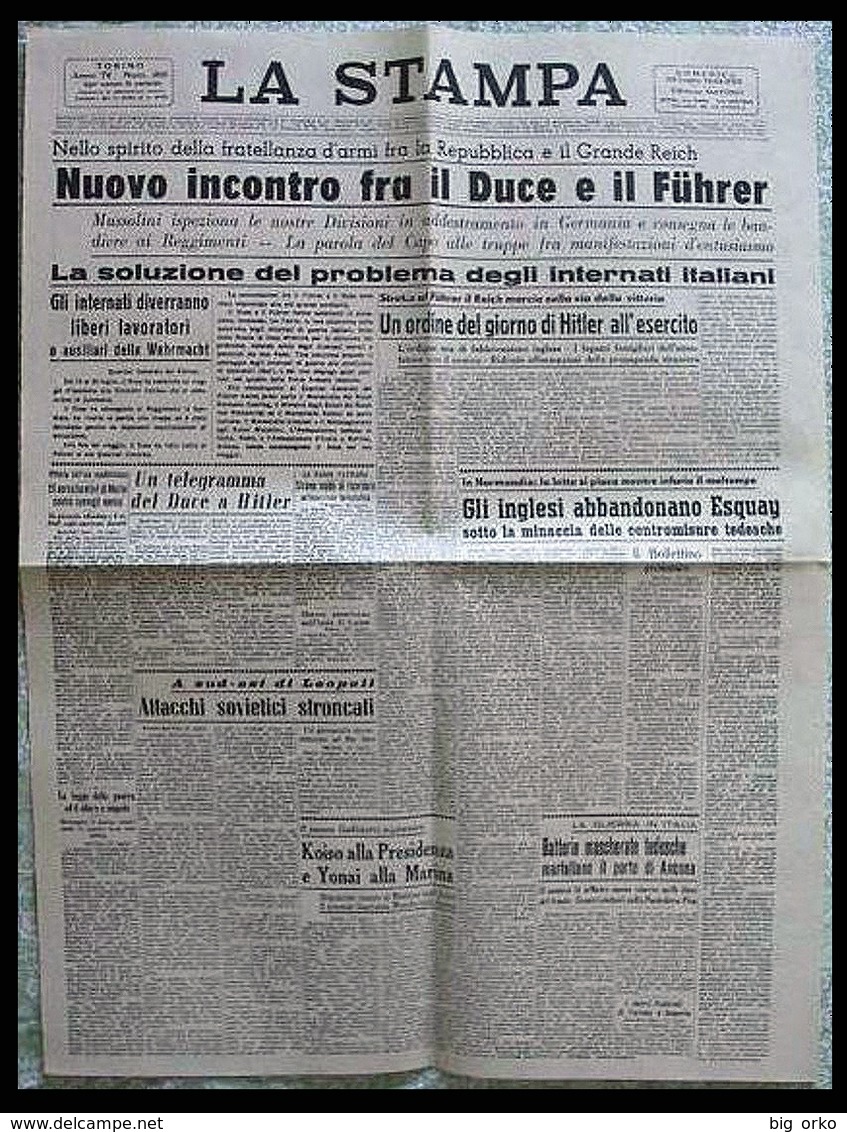 LA STAMPA (Torino)  23 Luglio 1944 (Incontro Mussolini Hitler - Attentato Al Fuhrer - Internati Italiani) - Italian