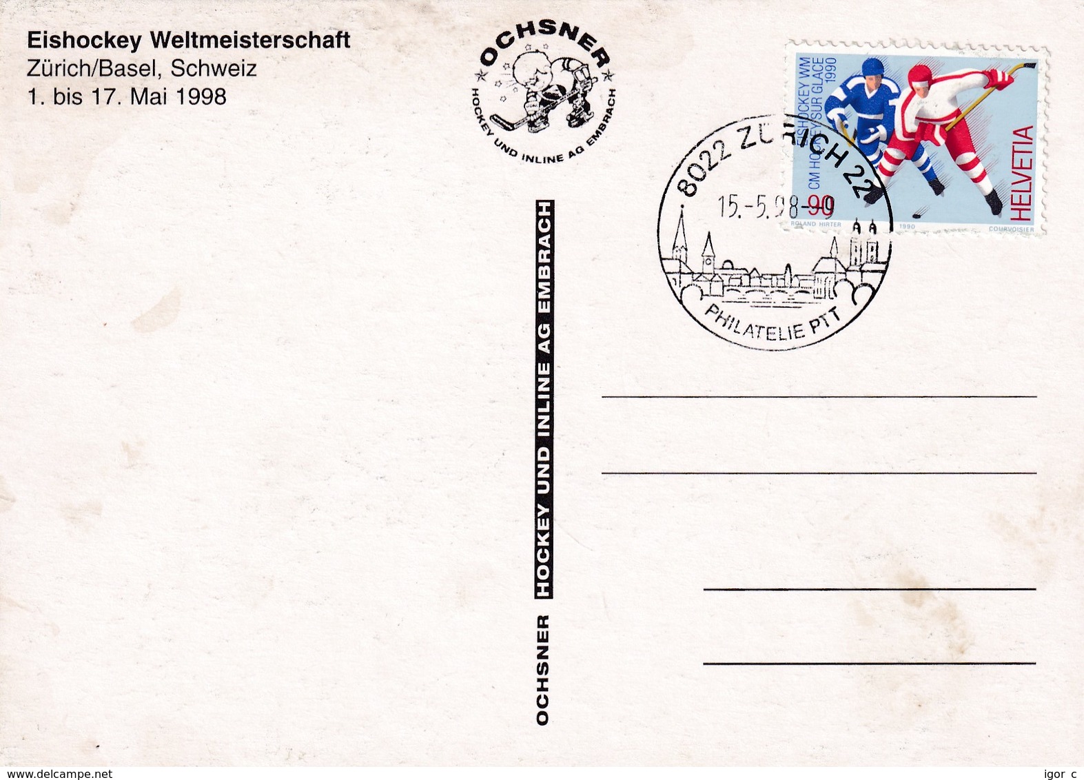 Switzerland 1998 Card: Ice Hockey Sur Glace Eishockey IIHF World Championship WM; Frama Label; Flags Zürich Cancellation - Eishockey