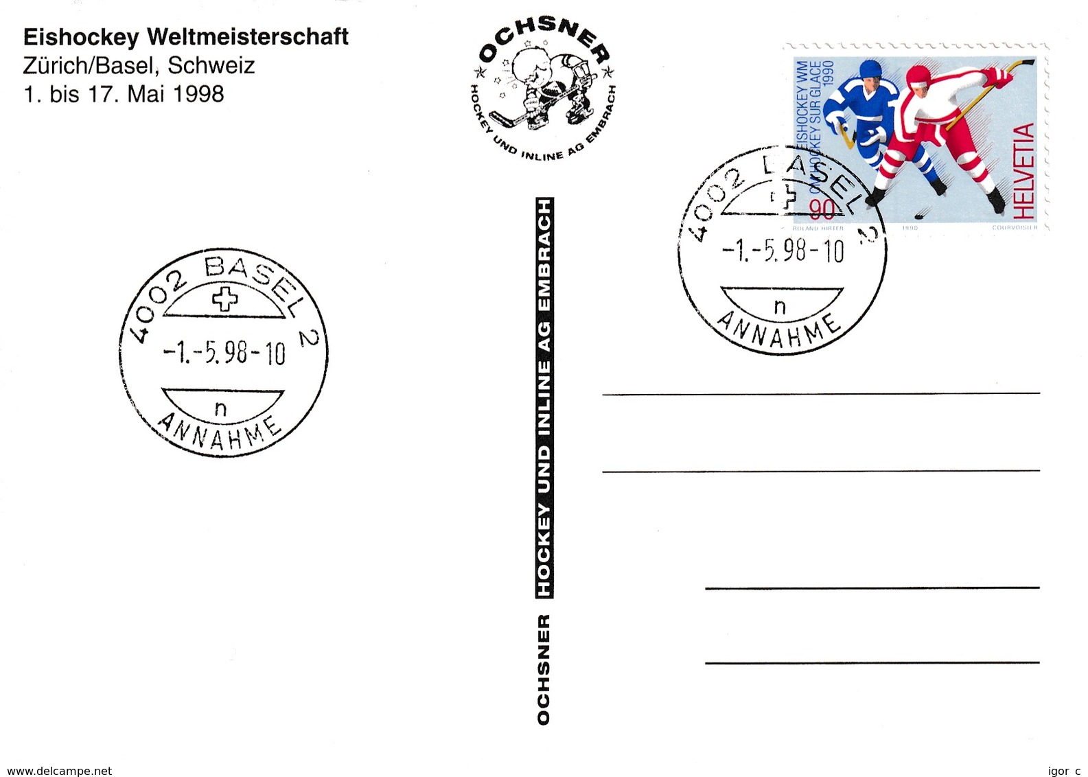 Switzerland 1998 Card: Ice Hockey Sur Glace Eishockey IIHF World Championship WM; Frama Label; Flags Basel Cancellation - Hockey (sur Glace)