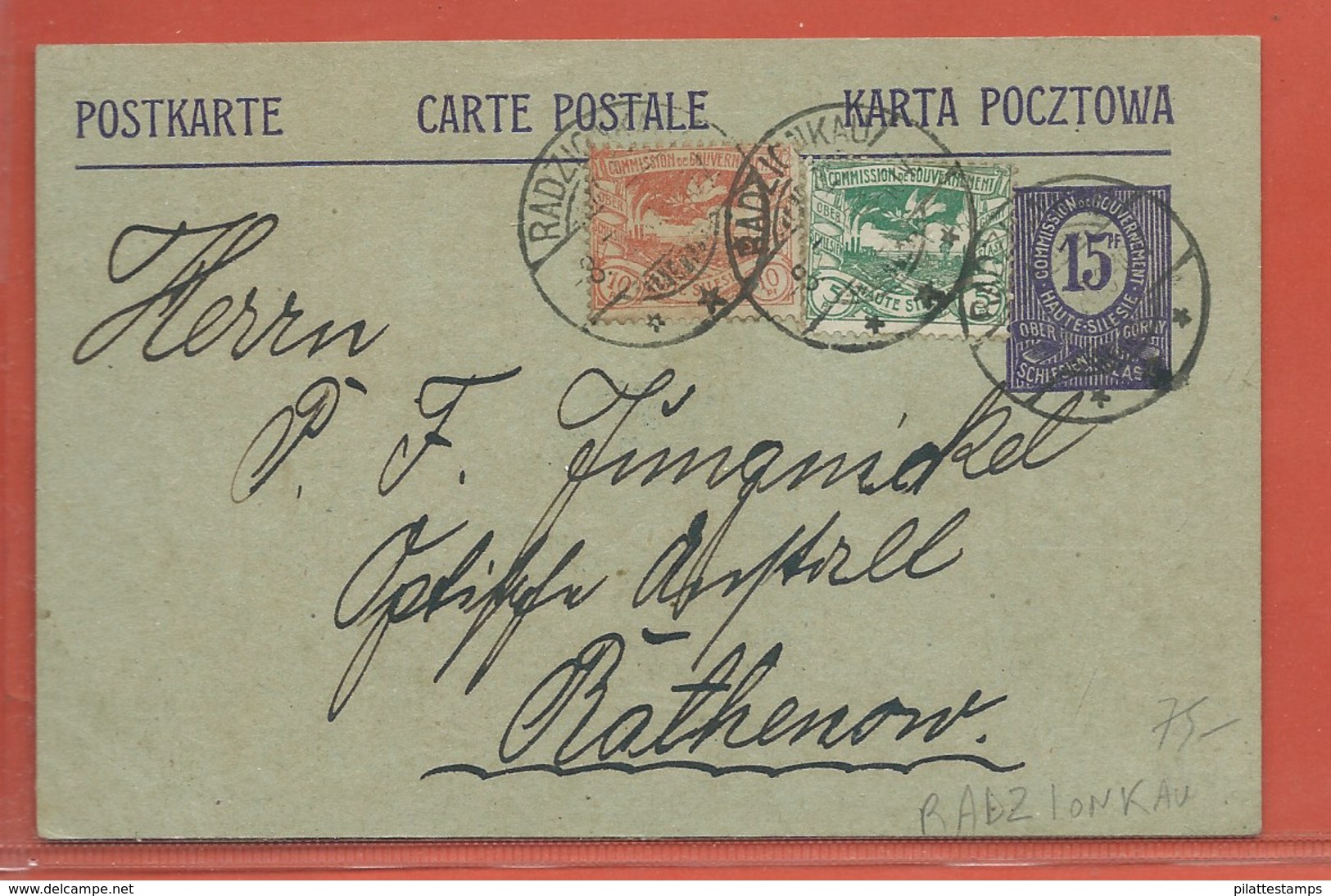 SILESIE ENTIER POSTAL DE 1920 DE RADZIONKAU POUR RATHENOW - Autres - Europe