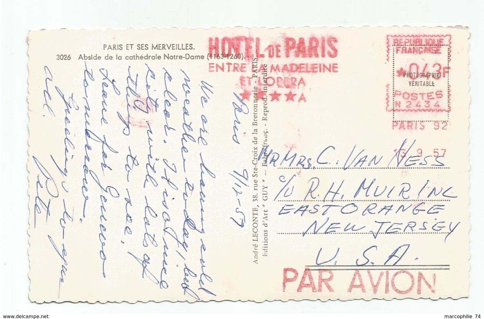 EMA 43FR HOTEL DE PARIS ENTREE LA MADELEINE ET L'OPERA PARIS 92 1959 CP AVION POUR USA - EMA (Empreintes Machines à Affranchir)