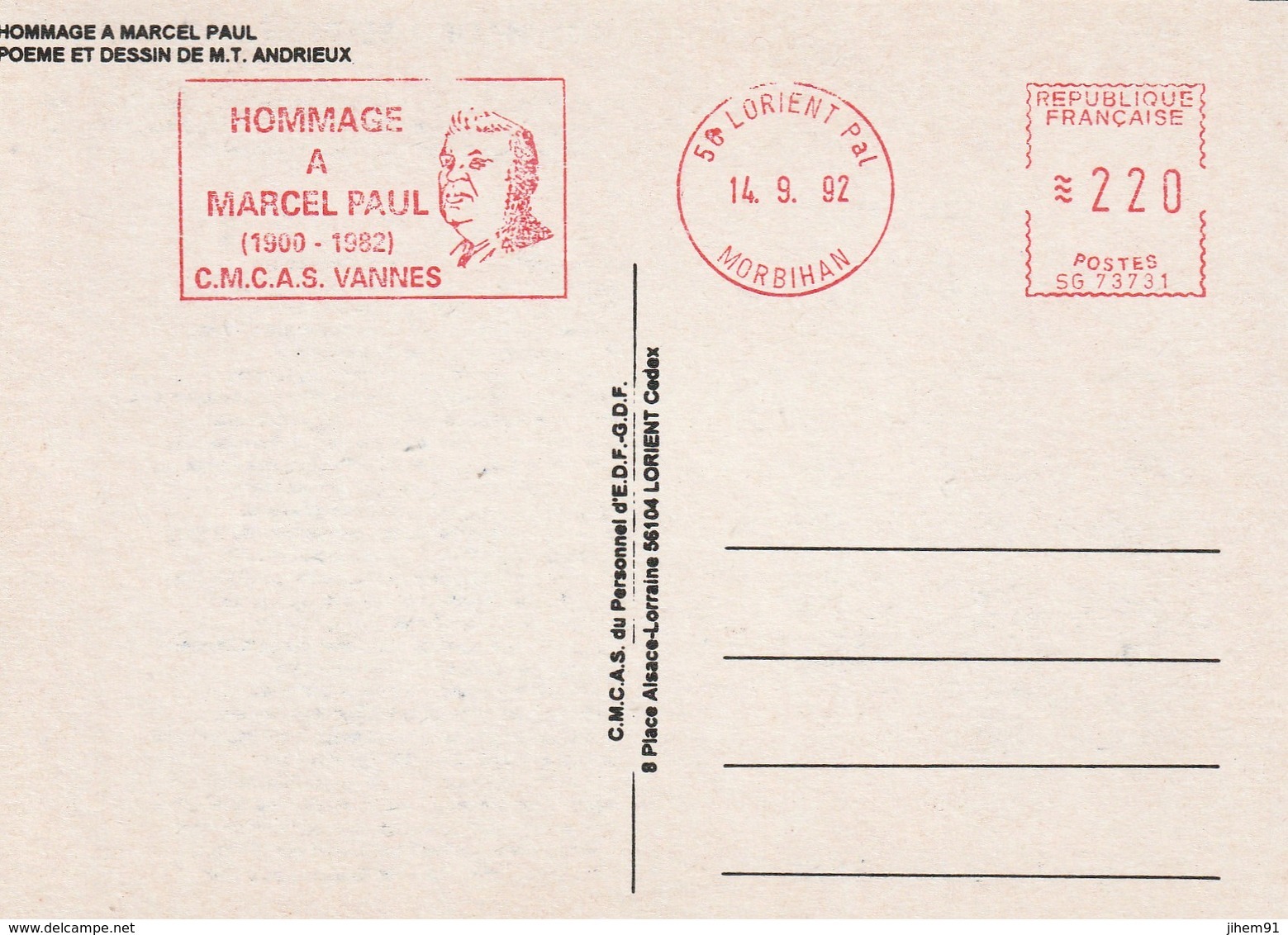 EMA Sur Carte Postale : "CMCAS Vannes Marcel Paul 1900-1982" N° SG 73731 (Lorient Pal, 56-Morbihan) Du 14-09-1992 - EMA (Empreintes Machines à Affranchir)