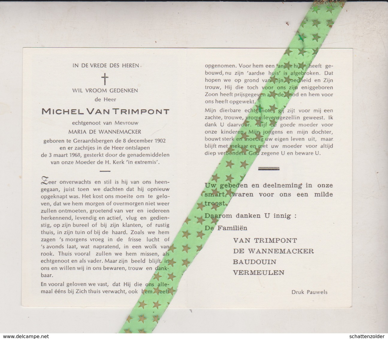 Michel Van Trimpont-De Wannemacker, Geraardsbergen 1902, 1968 - Obituary Notices