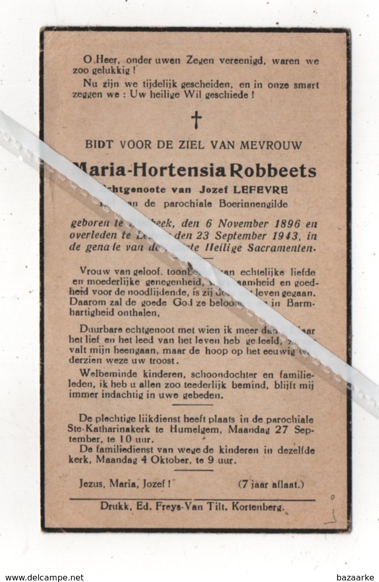 MARIA-HORTENSIA ROBBEETS ° BIERBEEK 1896 + LEUVEN 1943 / JOZEF LEFEVRE / HUMELGEM - Devotion Images