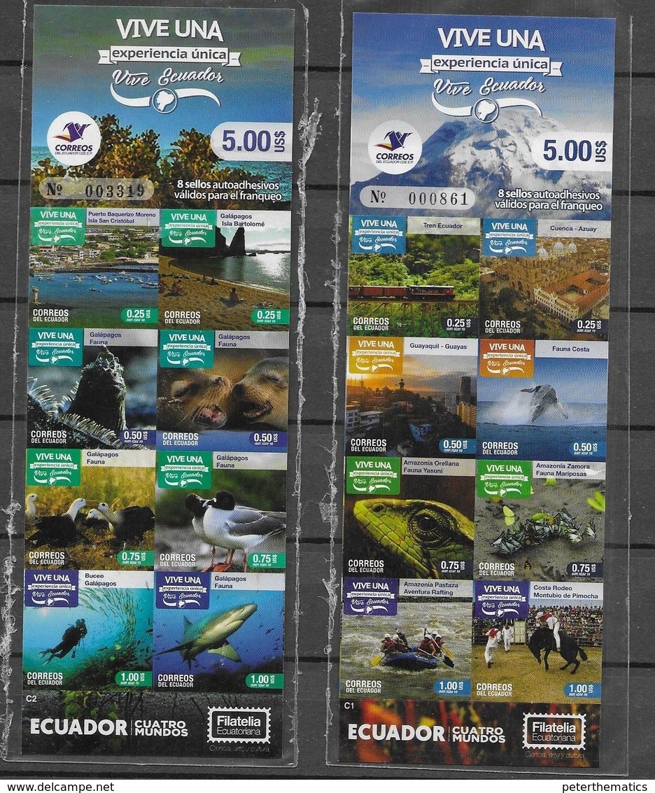 ECUADOR, 2019, MNH, TOURISM, IGUANAS, WHALES, SHARKS, BIRDS, SEALS, BUTTERFLIES, TRAINS, RAFTING, BOATS, 2 BOOKLETS - Balene