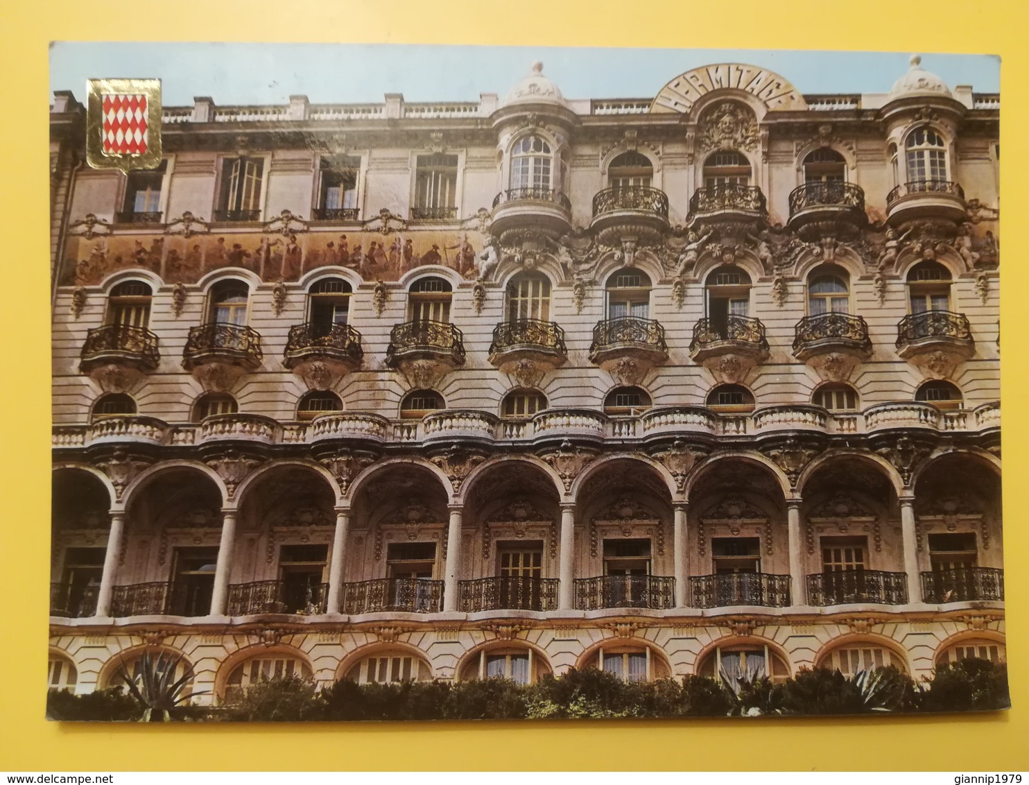 CARTOLINA POSTCARDS MONACO MONTE CARLO 1980 HOTEL HERMITAGE BOLLO PRINCIPE RANIERI PRINCE OBLITERE ETICHETTA - Hoteles