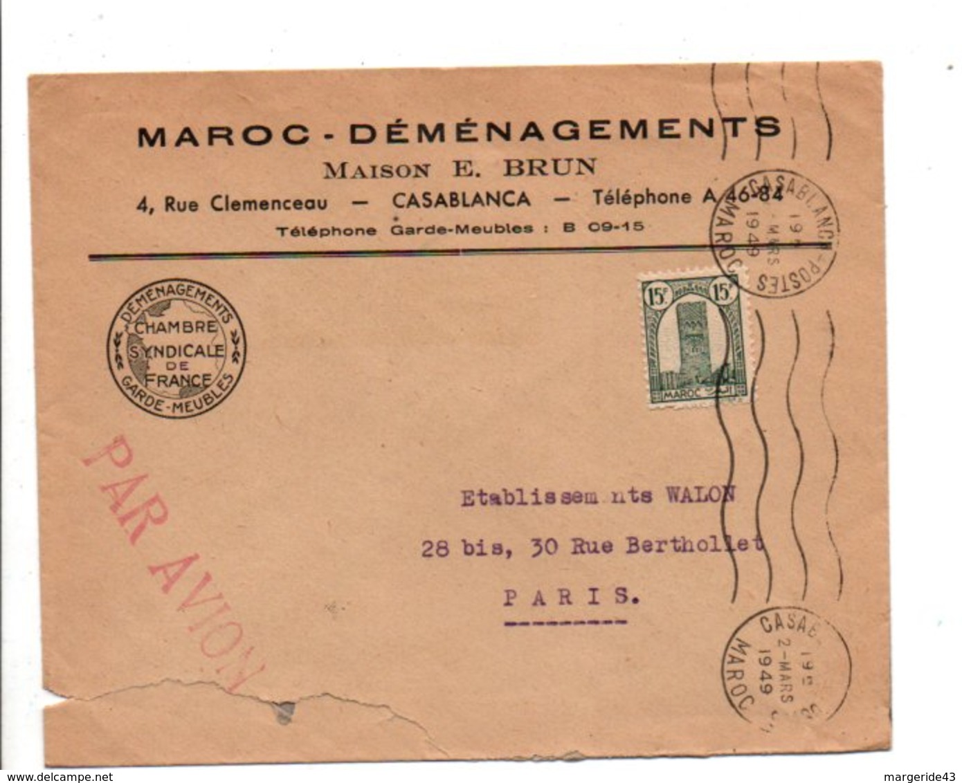 MAROC LETTRE A EN TETE DE  DE CASABLANCA POUR LA FRANCE 1949 - Storia Postale