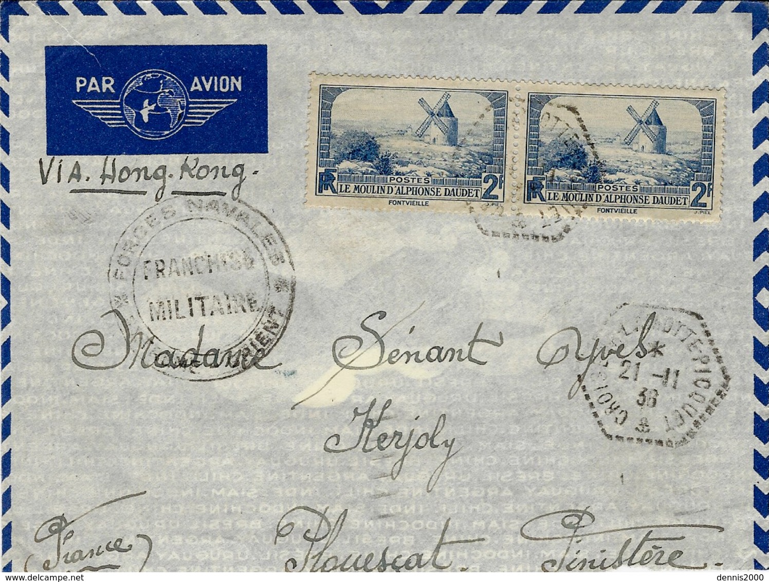 1938- Enveloppe Par Avion  " Via Hong Kong "  Cad Hexag. CROISEUR LAMOTTE-PIQUET  Affr. à 4 F. Taxe Avion - Naval Post