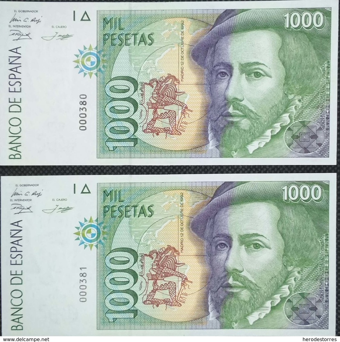 Pareja Correlativa De 1000 Pesetas De 1992 Sin Serie, Numeración Bajisima 000380/000381,UNC - [ 4] 1975-…: Juan Carlos I.