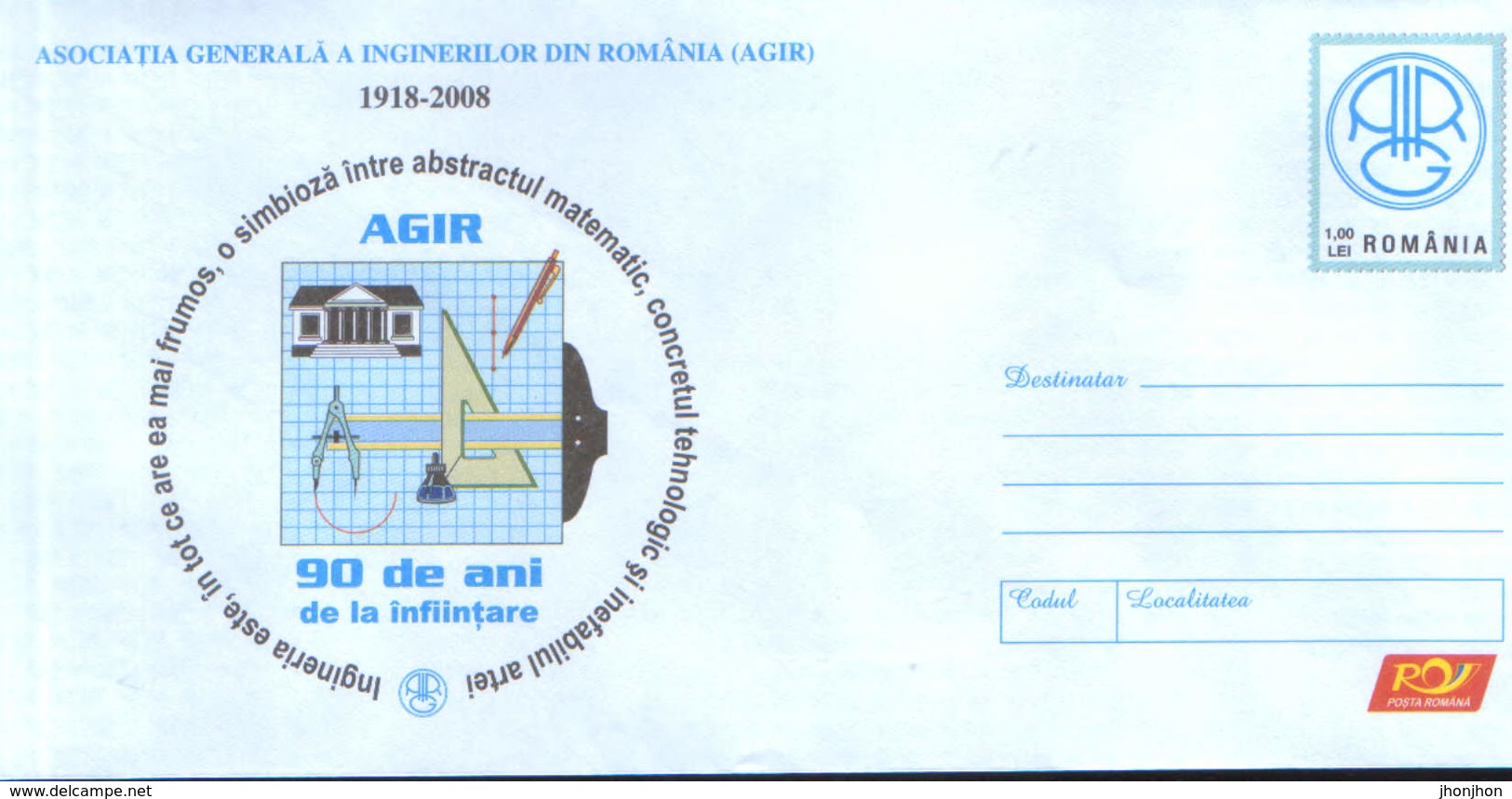 Romania - Stationery Cover Unused 2008(038) - AGIR 1918 - 2008 , 90 Years Of Existence - Other & Unclassified