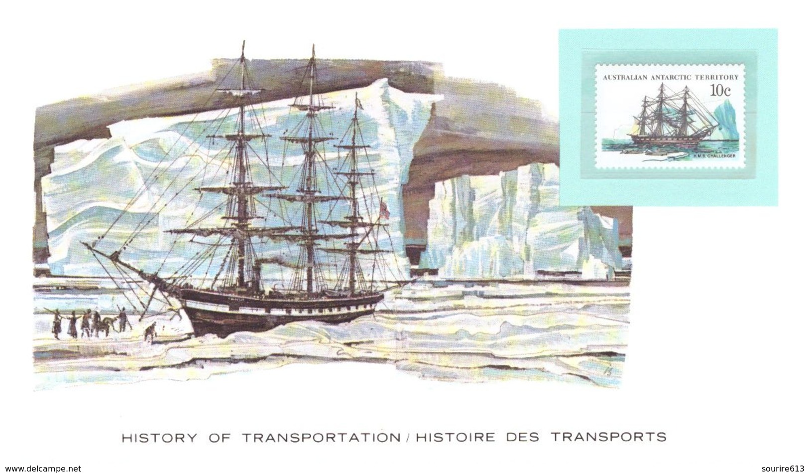 Carte Sur L'Histoire Des Transports Timbre Territoire Australien Le H.M.S. Challenger Corvette 3 Mâts Fond Marin Glacier - Poolshepen & Ijsbrekers