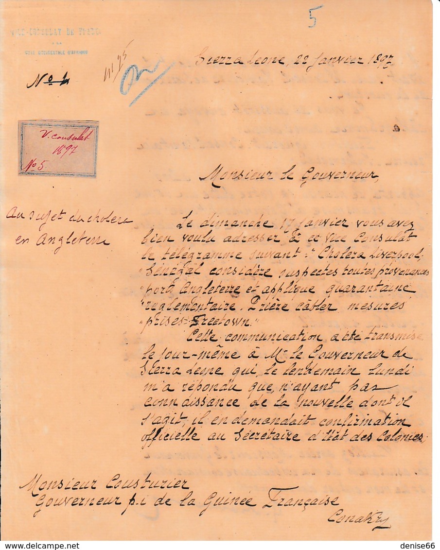 1897 - SIERRA LEONE - CHOLÉRA En ANGLETERRE Lettre à M .COUSTURIER Gouverneur De La GUINÉE Fse à CONAKRY - Historische Dokumente