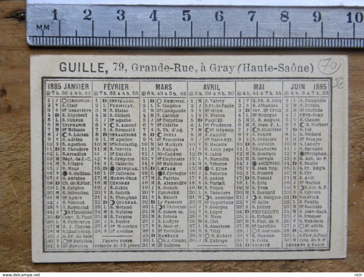 Calendrier 1885 (70) Haute Saône GRAY - Commerce GUILLE, 79 Grand Rue - Chromo Ministre Des Affaires étrangères - Enfant - Petit Format : ...-1900