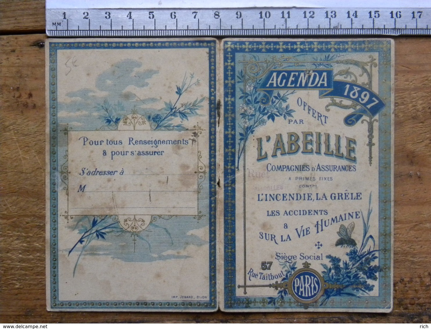 Calendrier 1897 - Agenda Offert Par L'Abeille Cie D'Assurances, Siège Social Rue Taitbout Paris, Carte Commerciale - Petit Format : ...-1900