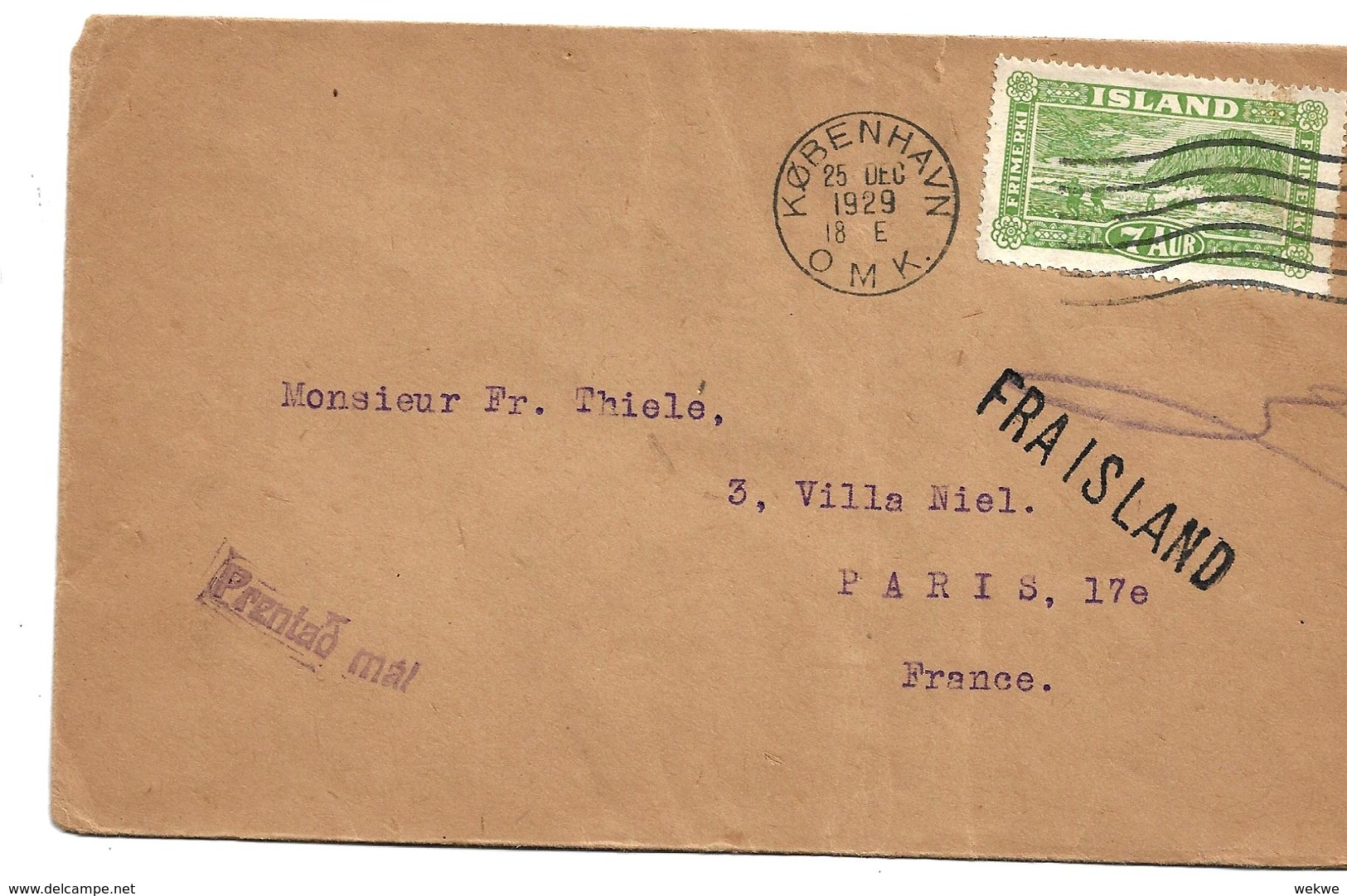 Isl068 / ISLAND - (Facit 168) 1929 FRA ISLAND  Per Drucksache Nach Frankreich - Storia Postale