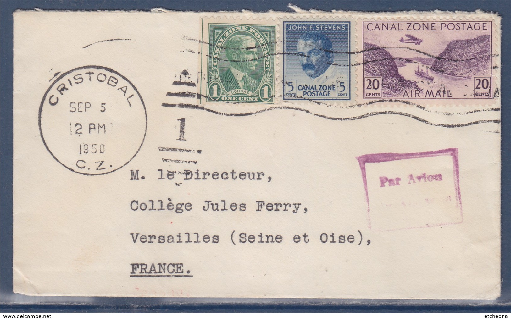 = Canal Zone Enveloppe 3 Timbres Cristobal 5.9.1950 à Versailles - Otros - América