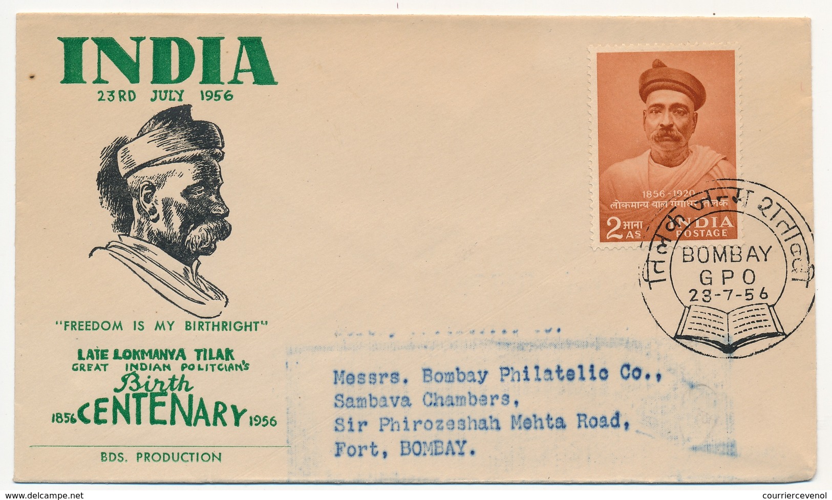 INDE - Enveloppe FDC - Late Lokmanya Tilak - Bombay 28/7/1956 - FDC