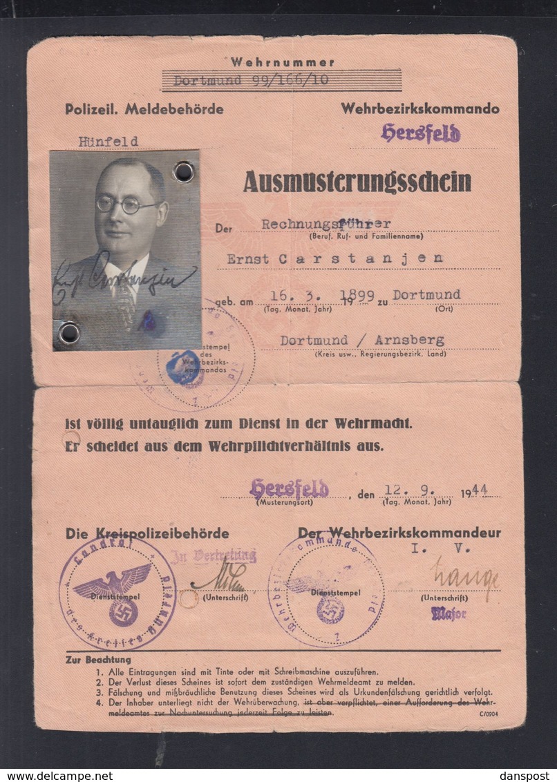 Dt. Reich Ausmusterungsschein 1944 - Documenti Storici