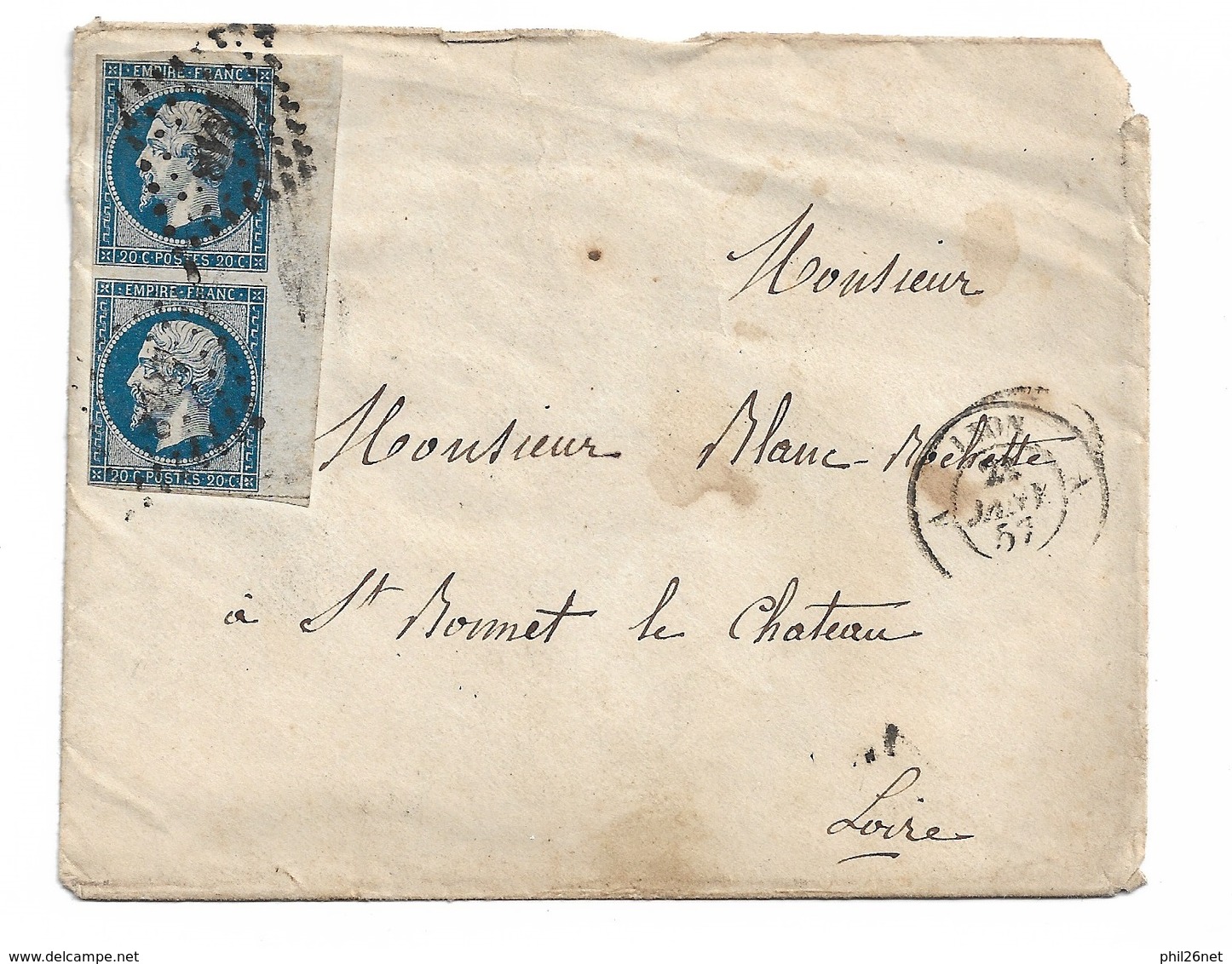 France  Paire Grand Bord De Feuille  N° 14a  Lyon 21/01/1857 à Saint Bonnet Le Château Le 22/01 "1818"  TB   - 1853-1860 Napoléon III