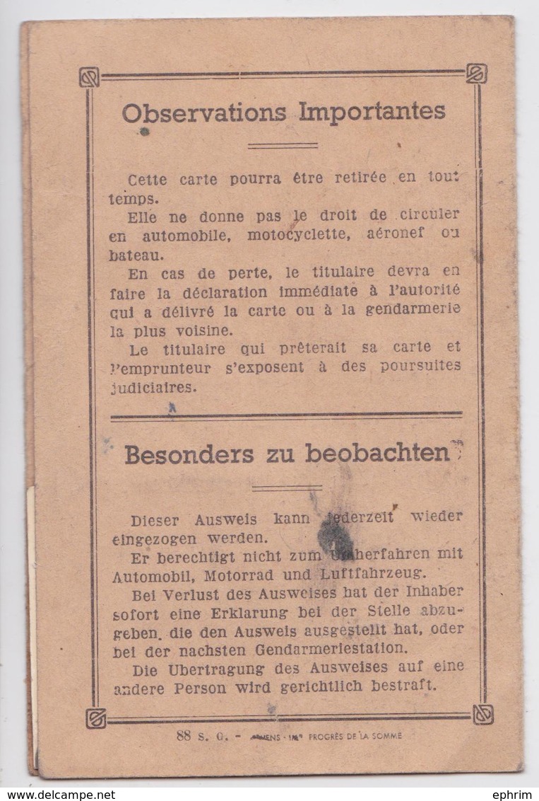 Ausweis Carte D'Identité Provisoire Guerre Reich Decheppy à Soues Par Hangest Somme Picquigny - Dokumente