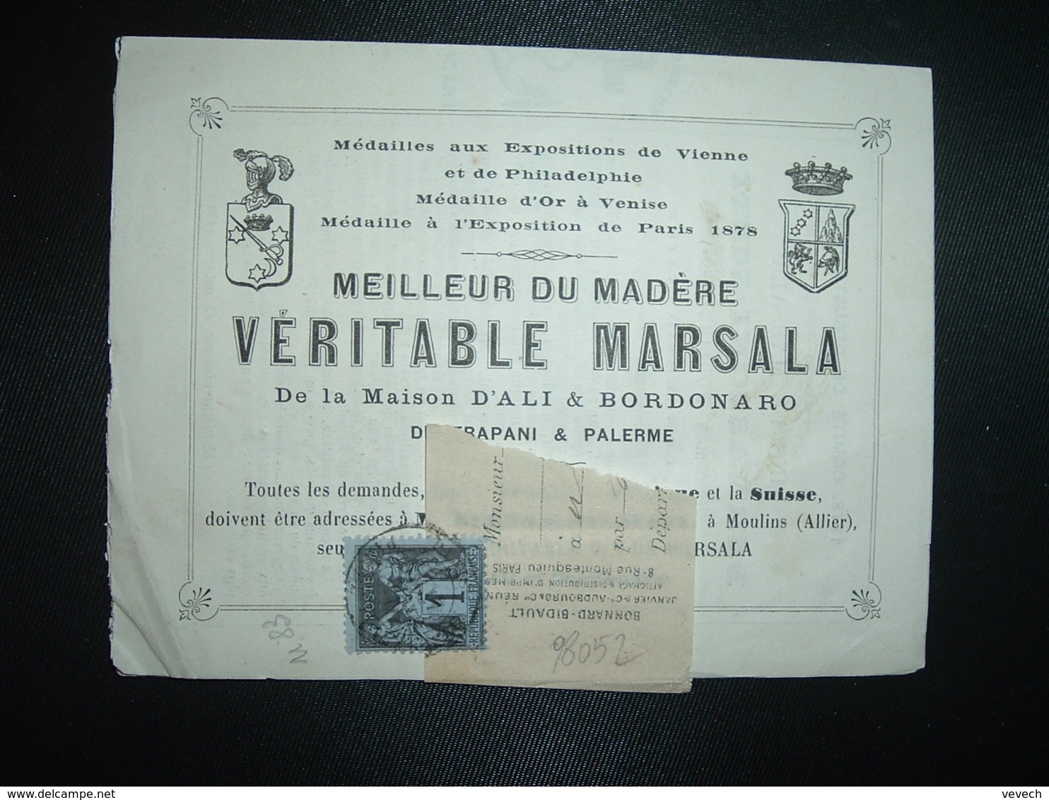 IMPRIME MEILLEUR DU MADERE VERITABLE MARSALA Maison ALI & BORDONARO TP SAGE 1c OBL.17 MAI 81 - 1877-1920: Semi Modern Period