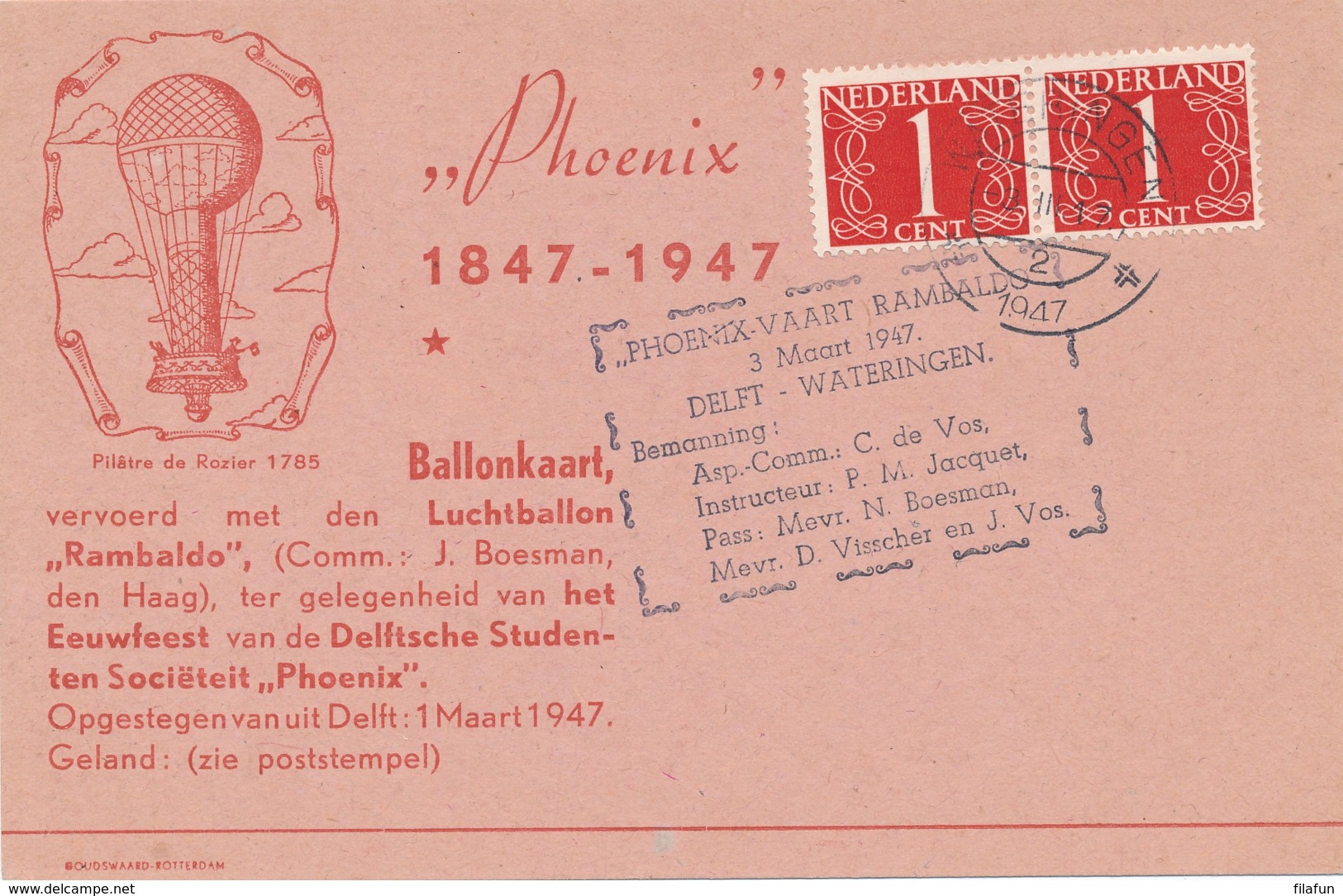 Nederland - 1947 - 2x1 Cent Van Krimpen Op Ballonkaart Rambaldo Van Delft Naar Wateringen - Luftpost