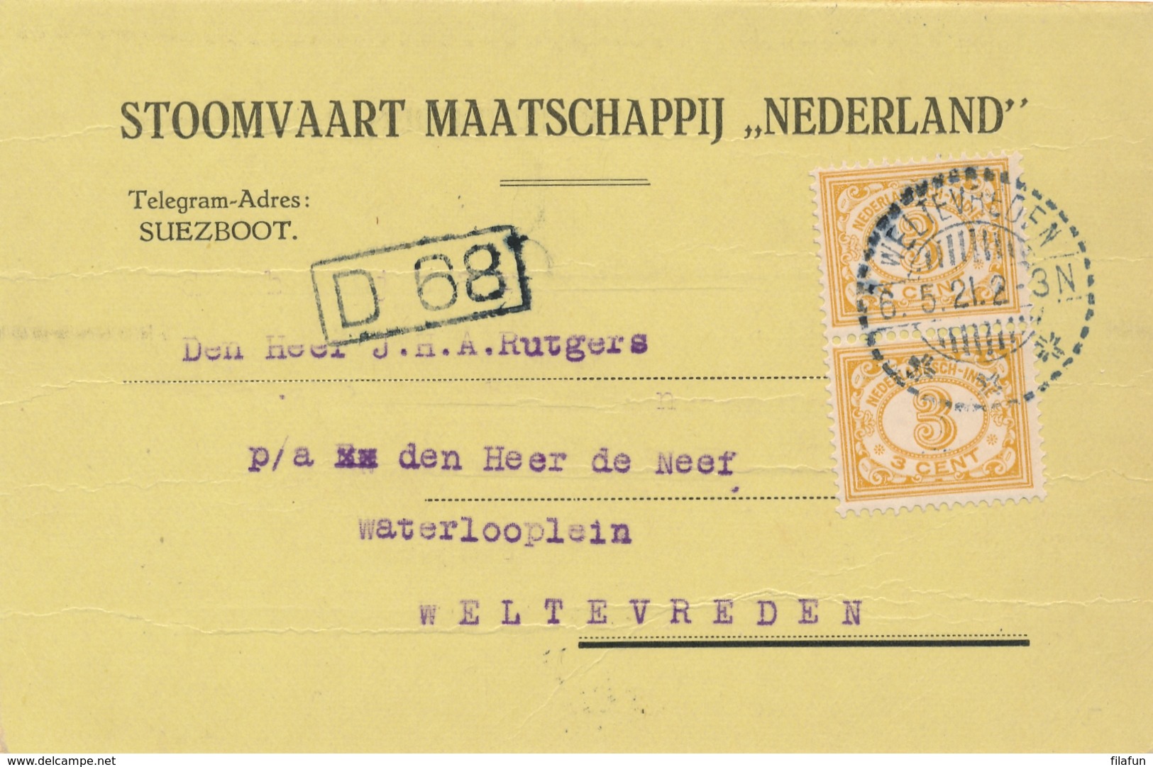 Nederlands Indië - 1921 - 2x3 Cent Cijfer In Paar Op Briefkaart Stoomvaart My Nederland Lokaal Weltevreden - Nederlands-Indië