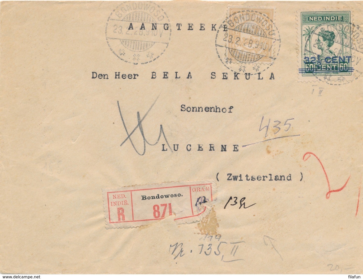 Nederlands Indië - 1928 - 32,5 Op 50 Cent Wilhelmina + 7,5 Cent, R-Business Cover Van LB Bondowoso Naar Luzern / Schweiz - Niederländisch-Indien