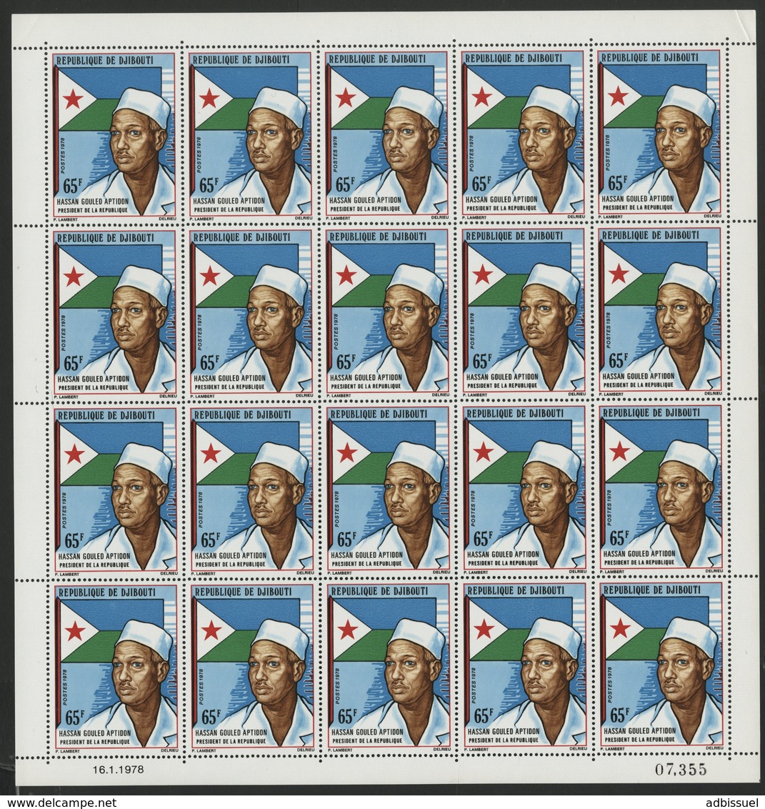 DJIBOUTI N° 476 COTE 40 € FEUILLE De 20 EX. MNH ** PRESIDENT HASSAN GOULED APTIDON. TB/VG - Yibuti (1977-...)