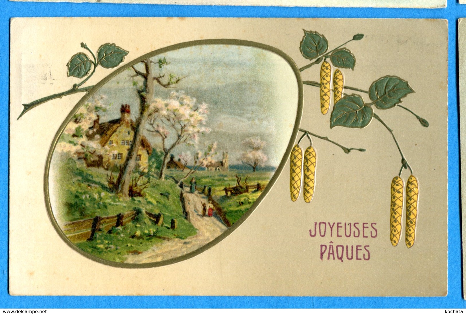 NY294, Belle Fantaisie, Paysage De Campagne, Relief, Dorée, Circulée 1922 - Pâques