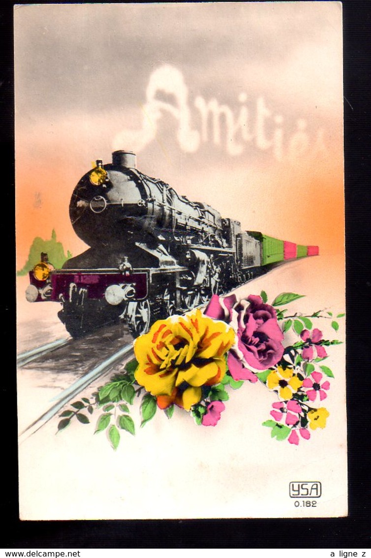 REF 469 : CPA Fantaisie Amitiés Train Locomotive Fleurs - Trains