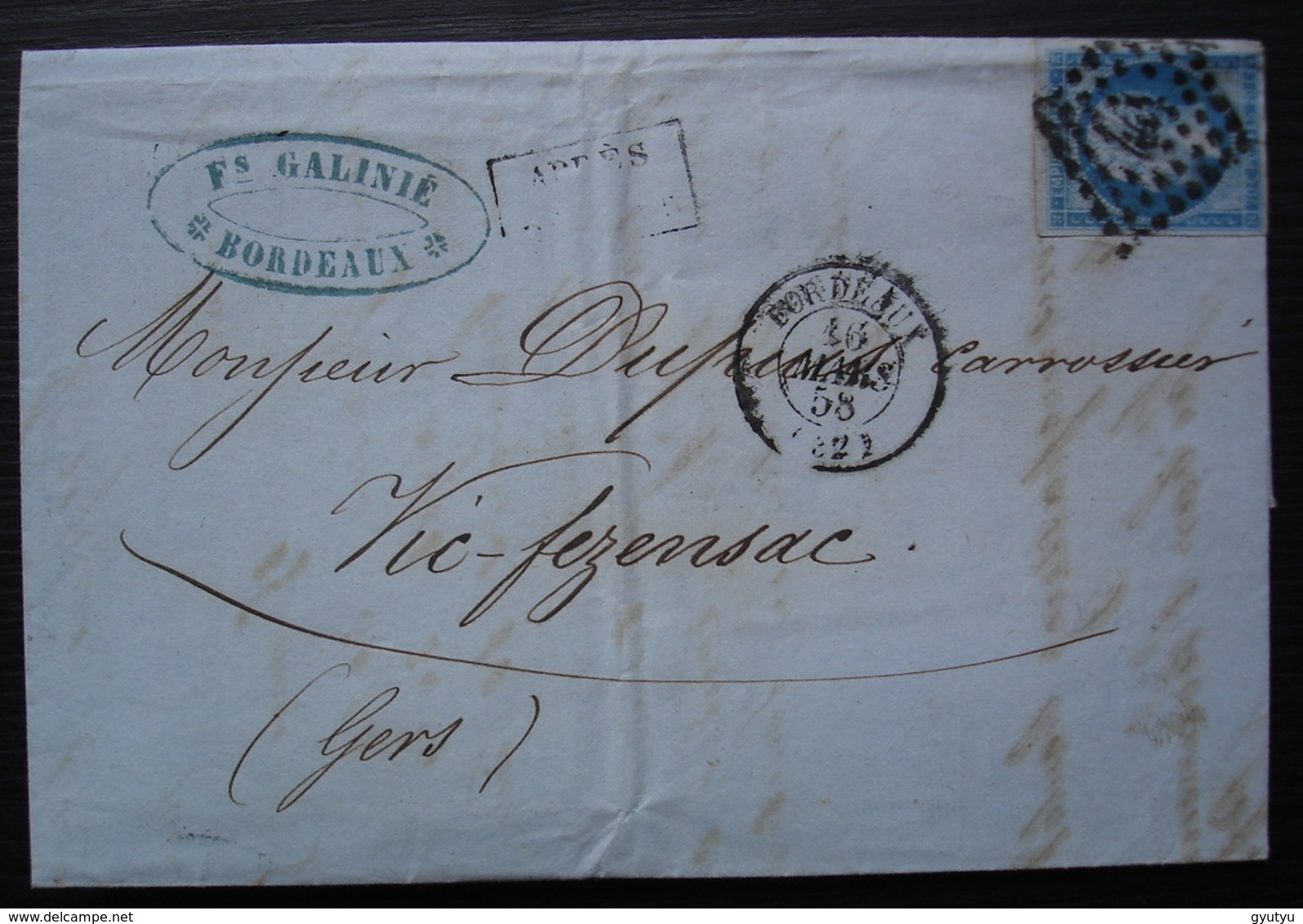 Bordeaux 1858 Fs Galinié Numéro 14 Sur Lettre Pour Vic Fezensac (Gers) - 1849-1876: Periodo Classico