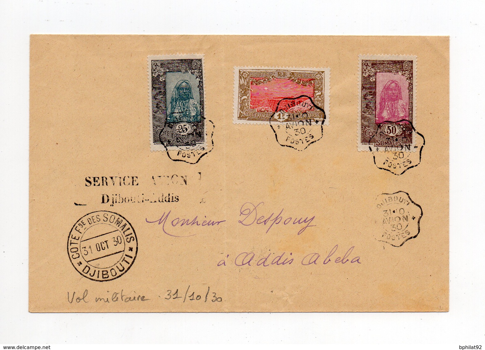 !!! COTE FRANCAISE DES SOMALIS, LETTRE PAR AVION DE DJIBOUTI POUR ADDIS ABEBA, VOL MILITAIRE DU 31/10/1930 - Covers & Documents