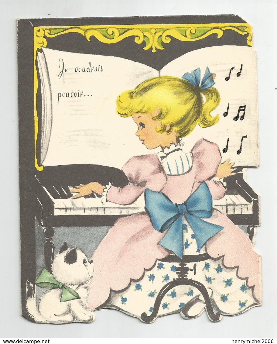 Carte Double ,  Découpis Fillette Piano Chaton Ed Une Pensée Carte De Voeux Sincère France 11,3x14,5 Cm Env - Met Mechanische Systemen