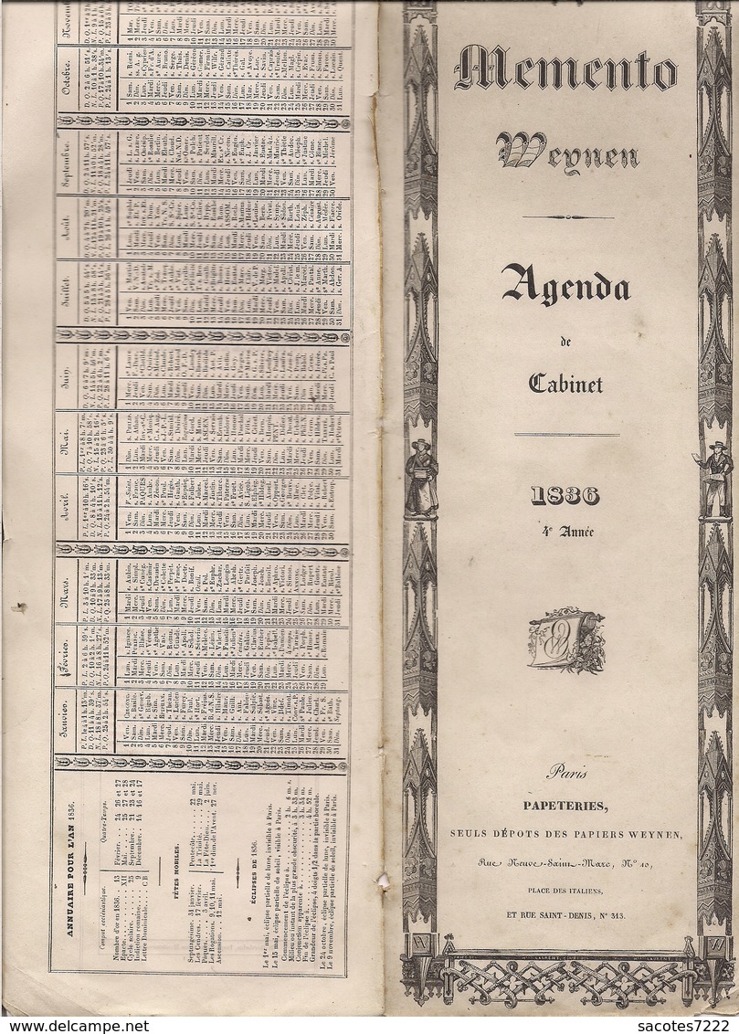 RARE CALENDRIER AGENDA 1836 -MEMENTO WEYNEN - - Autres & Non Classés