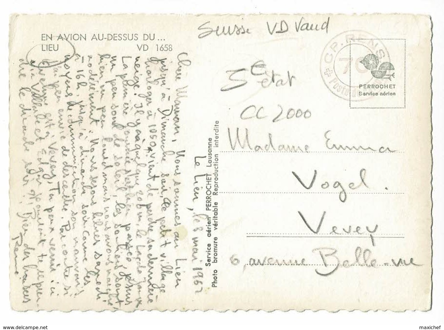 En Avion Au Dessus Du Lieu (VD 1658) Vué Aérienne - Circulé 1962, Cachet CP. Rens, 70, Poste De Camp. - Le Lieu