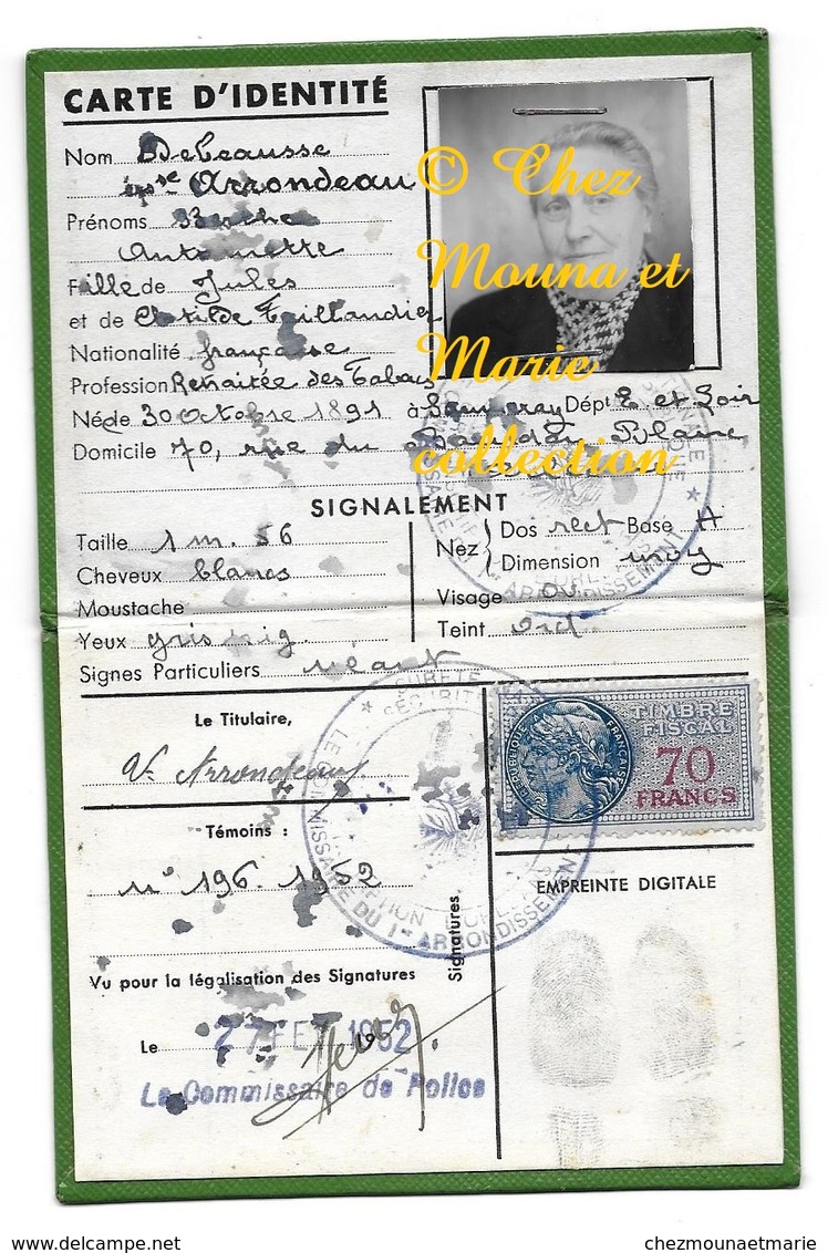 DEBEAUSSE ARRONDEAU TABACS CARTE D IDENTITE 1952 FISCAL 70 FRANCS - Historical Documents