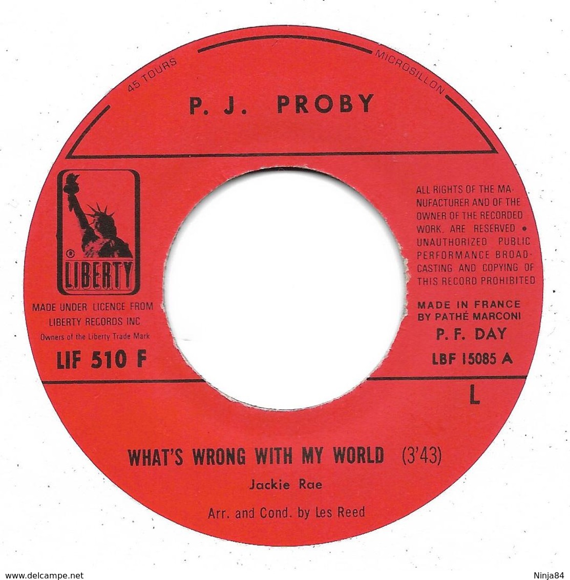 SP 45 RPM (7")  P.J. Proby  "  What's Wrong With My World  " - Autres - Musique Anglaise