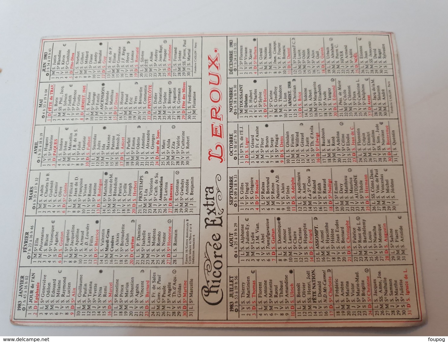 CALENDRIER 1983 CHICOREE LEROUX - Petit Format : 1981-90