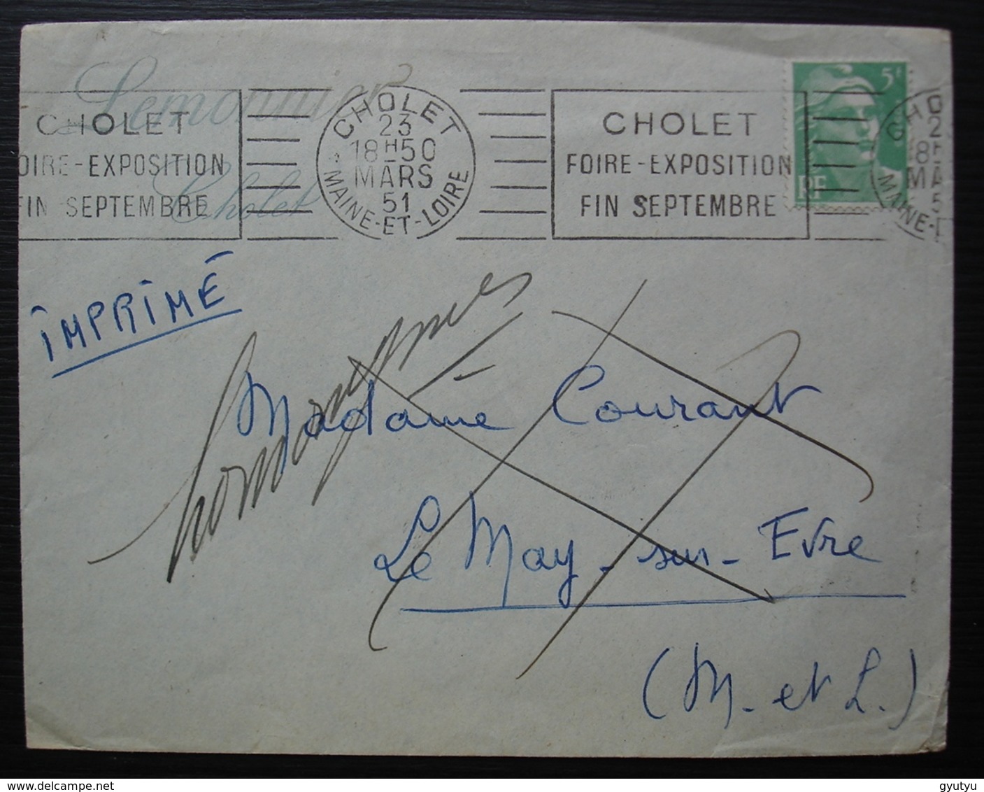 Cholet 1951 Lettre De Lemonnier Pour Le May Sur Evre Renvoyée Pour Homonymes Marque Le May Sur Evre à L'arrière - 1921-1960: Période Moderne