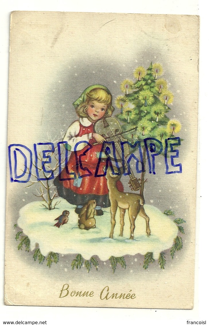 Bonne Année. Petite Fille , Violon, Faon, Lapin, Sapin Décoré - Nouvel An