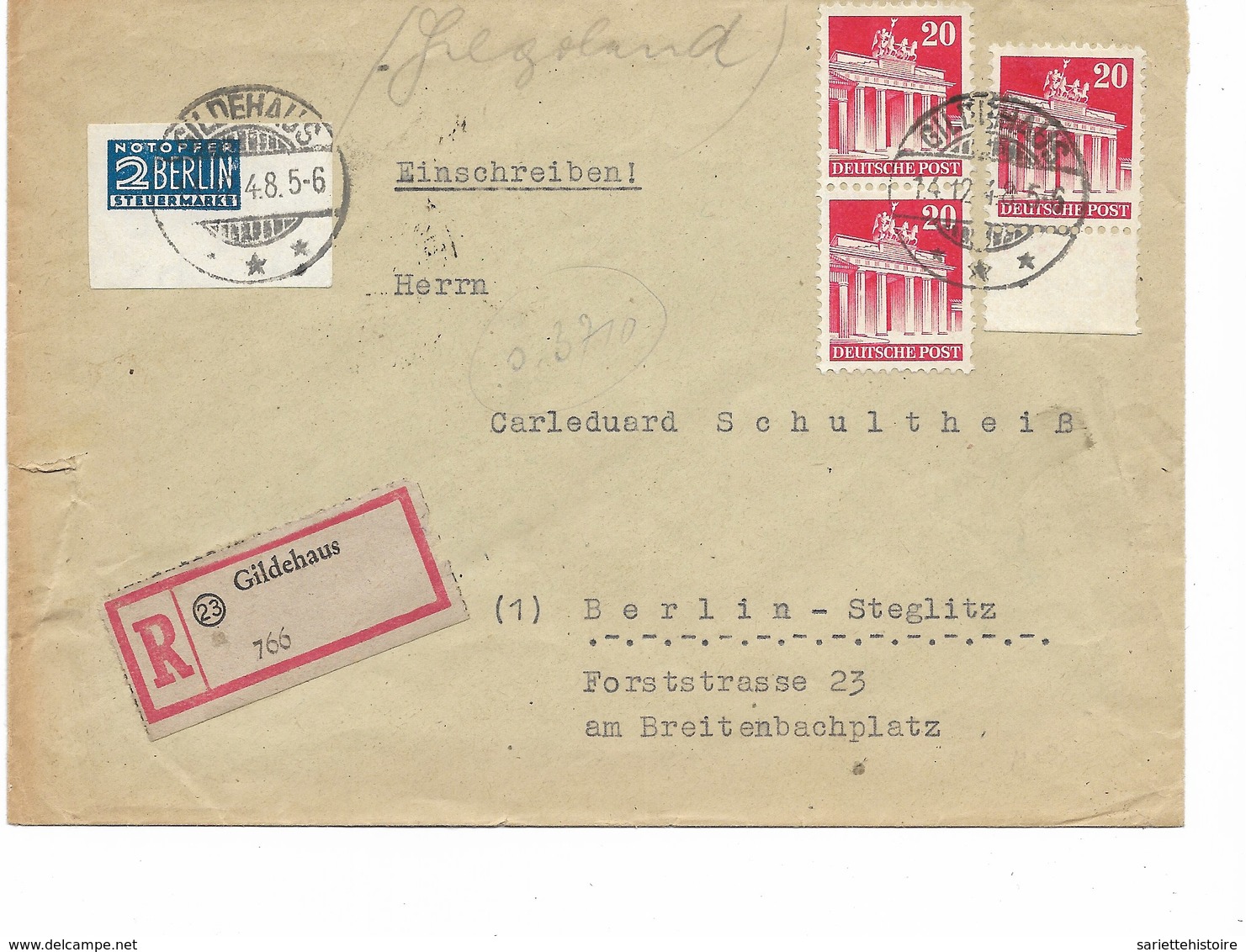 SH 0365. N° Mi 84 (3) + Notopf. 2 Pf COIN DE FEUILLE ND - GILDEHAUS 4.12.48 S/Lettre RECOMMANDEE  V. Berlin. TB - Autres & Non Classés