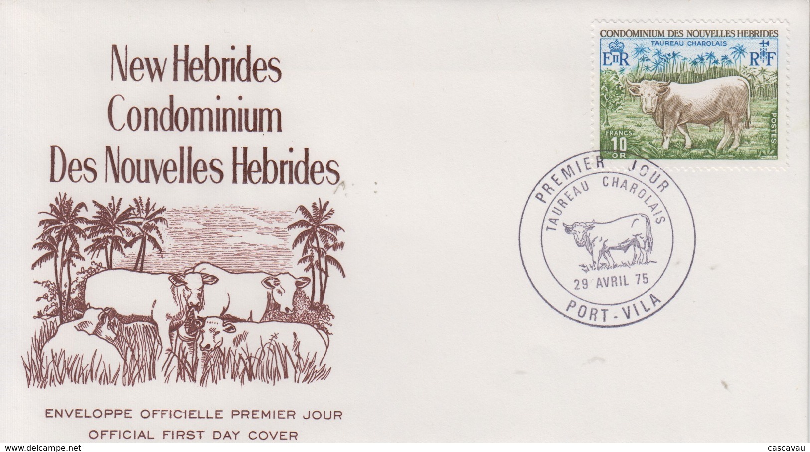 Enveloppe  FDC  1er Jour   NOUVELLES  HEBRIDES   Boeuf   Charolais   1975 - Koeien