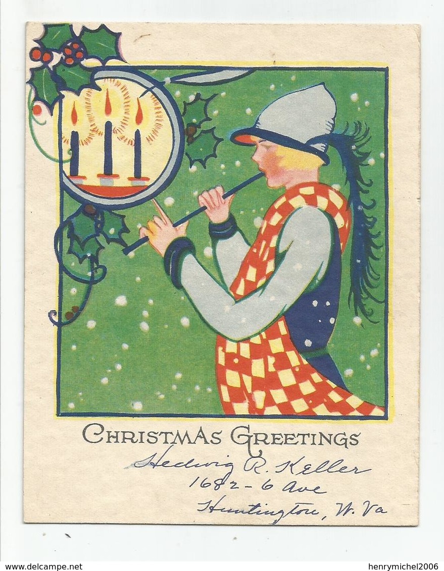 Christmas Greetings Bougies Flute Musique Illustrée Printed In Bavaria 10x13 Cm Env - Andere & Zonder Classificatie