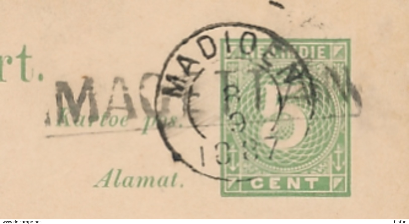 Nederlands Indië - 1887 - 5 Cent Cijfer, Briefkaart G8 Van Langstempel MAGETTAN Via KR Madioen Naar Semarang - Niederländisch-Indien